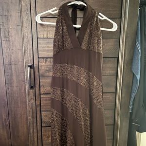 Chocolate brown halter top cocktail dress with gold accents